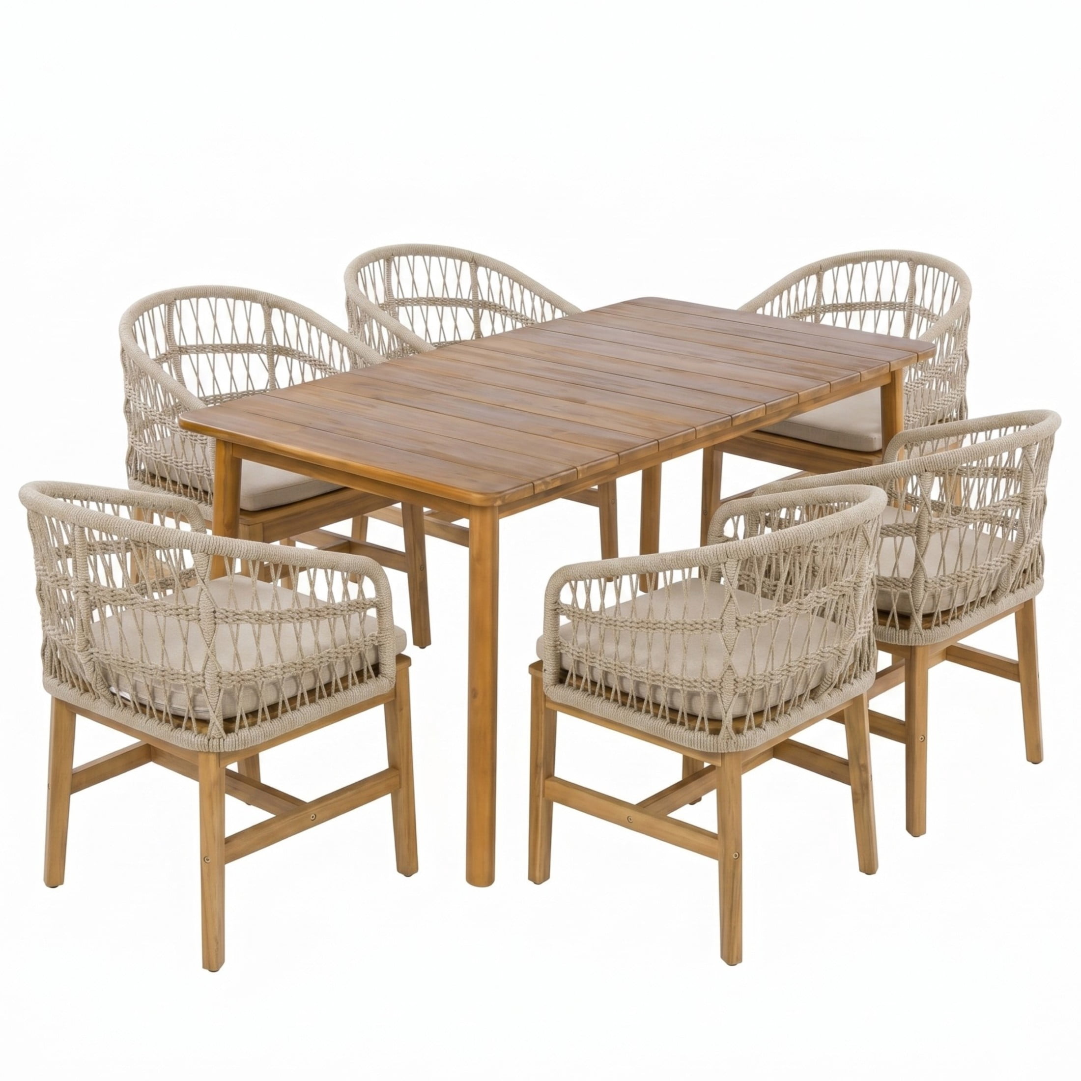 Christopher Knight Home 7-Piece Acacia Wood Patio Dining Set, 67" Table and Rope Chairs, Teak+Beige