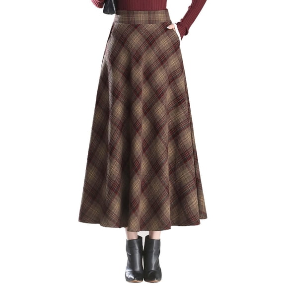 Women's Lattice Skirt Warm Elastic Waist Wool A-Line Pleated Tartan Winter Long Skirts