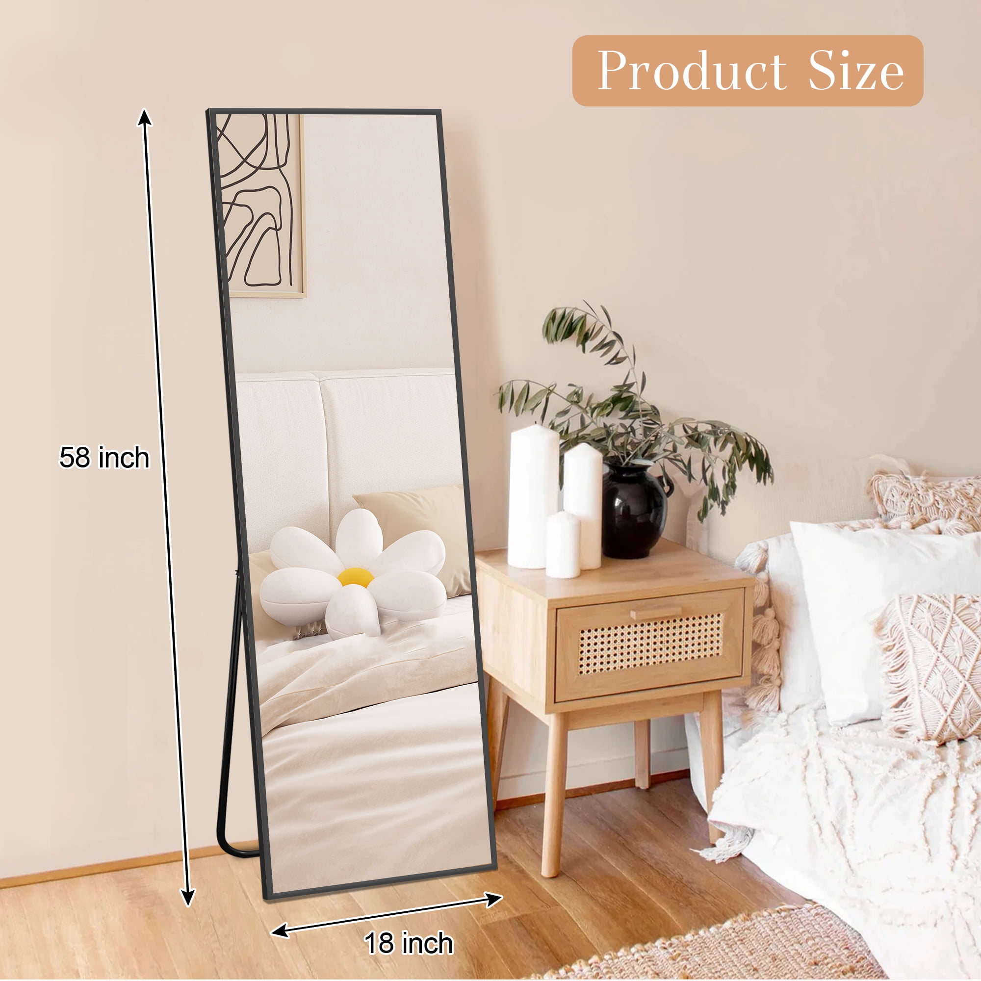 MAYEERTY Freestanding Full Length Mirror with Stand, Aluminum Alloy Floor Mirror Wall Mounted for Bedroom Living Room, 58x18in, Black