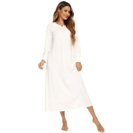 

Women s Long Nightgown Victorian Nightwear Vintage Long Sleeve Pajama Dress Flare Trim Soft Loungewear Button up Square Neck Elegant Akcle Length Nightdress White Sleepwear S-XXL