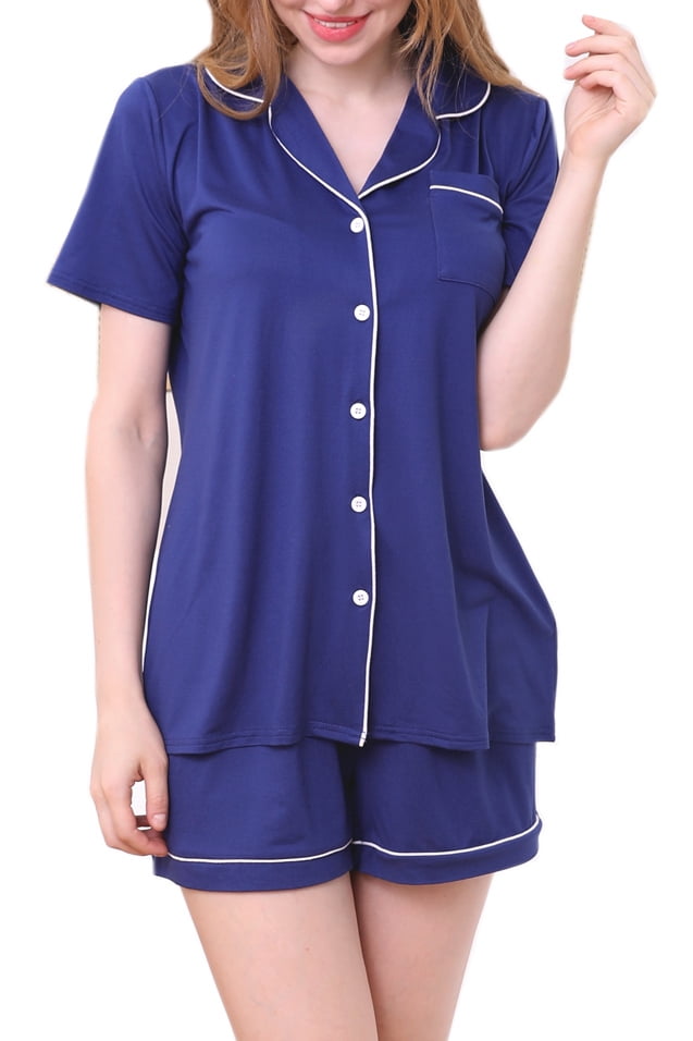 Ladies Navy Blue Satin Nightshirt Nightdress Short Sleeve Button Up PLUS SIZE! 
