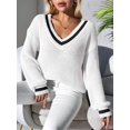 thumbnail image 5 of Women Teen Baggy Fashion Striped Long Sleeve Knit Tops Fall Winter Vneck Pullover Preppy Clothes White S, 5 of 6