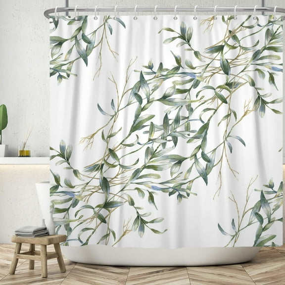SUNOLIFE Green Leaves Shower Curtain Spring Flowers Plants Waterproof Fabric Bathroom Curtain 72x72 in