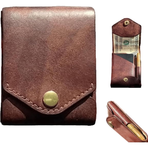 Tingzi Multifunctional Compact Wallet, Handmade Leather Card Holder/Wallet, Slim Minimalist Wallet, Built-In Pen Slot, Wallet For Put Flat Banknotes For Daily Commuting, Business, Travel