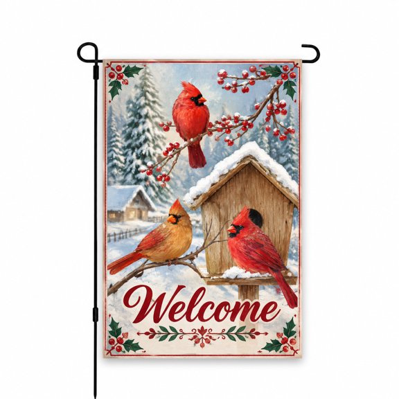Welcome Winter Cardinals Garden Flag, 12x18 Inch Christmas Outdoor Decor for Yard, Lawn, Patio - Festive Red Birds and Snowy Birdhouse Design