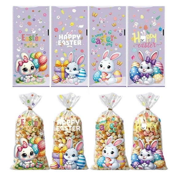 MXTPOV 50pcs Candy Bags, Cute Bunny Easter Eggs Printed Goodie Bag for Birthday Party Favor, Easter Decorations, Cookie Bags, Gift Bags for Kids