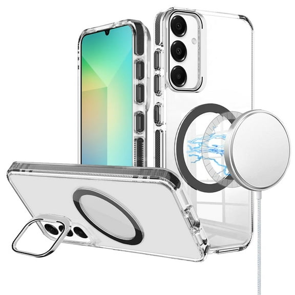 For Samsung Galaxy A16 5G Case, Built-in Camera Kick-Stand, Compatible with MagSafe, Transparent Colorful Edged Tough Hybrid TPU Phone Cover (Clear Black)