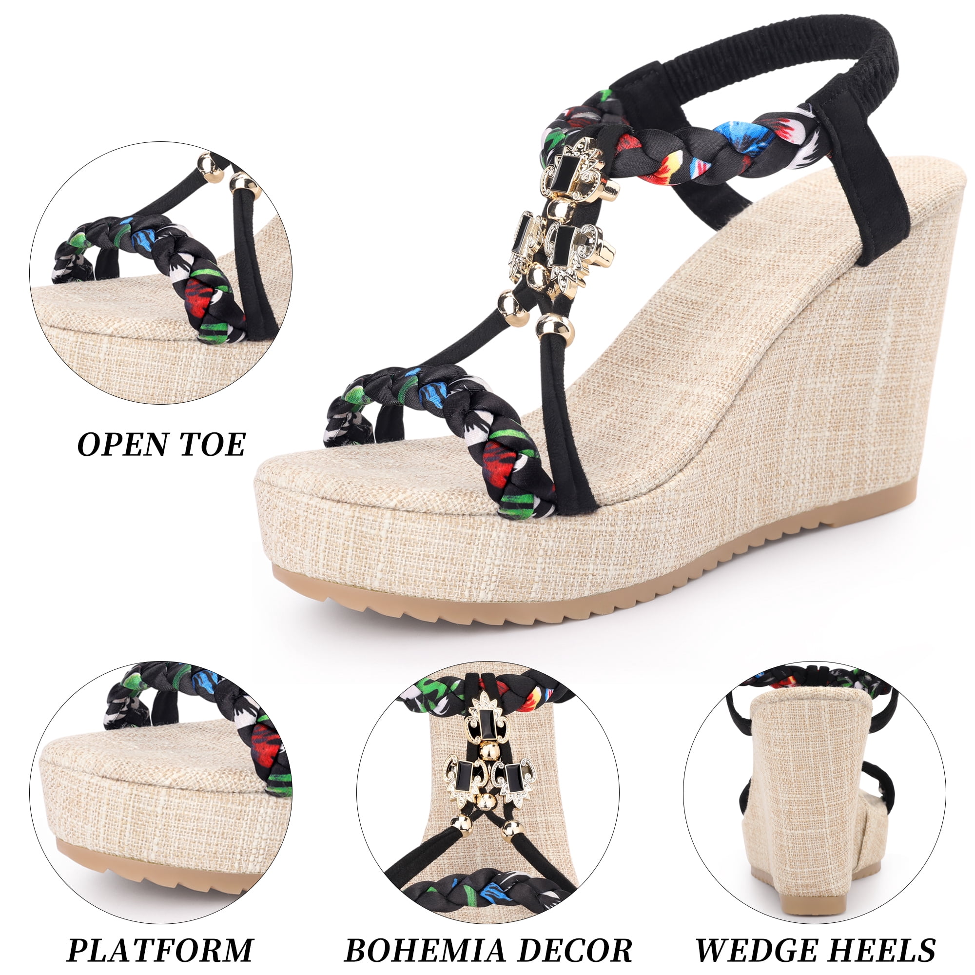 DARING DIVA Women's Stylish Bohemia Pull on Platform Wedge Heel Sandals Black 6.5
