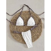 Leopard White Halter Neck Tie-Up Micro Triangle Bikini Set Women Elegant Sexy Beach Swimwear Summer