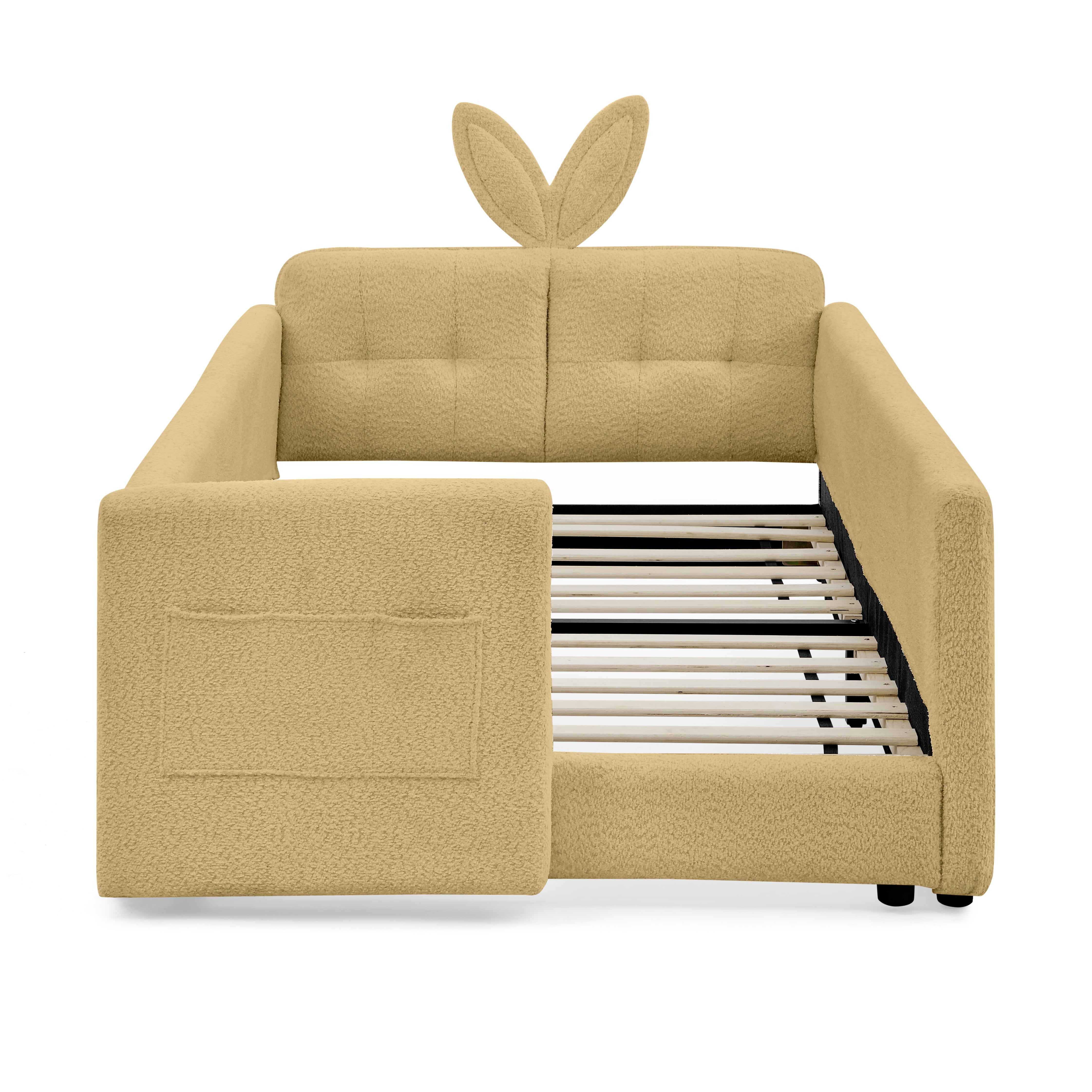 PORKISS Twin Bed Frames for Kids, Boucle Upholstered Platform Bed Frame with Safety Rails, Cute Bunny Ear Cartoon Bed with Storage Pocket, Yellow