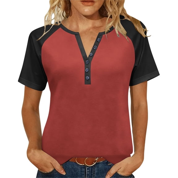 Sexlip Womens Short Sleeve Top Contrast Color Raglan Sleeve V Neck Half Placket Soft Fabric Relaxed Silhouette for Casual Outings Red XXXXXL