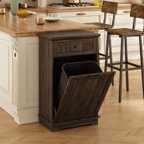 10 Gallon Tilt Out Trash Cabinet Freestanding Garbage Recycling Bin Cabinet with Drawer, Wood Pet Proof Trash Can Holder for Kitchen Living Room, Antique Brown