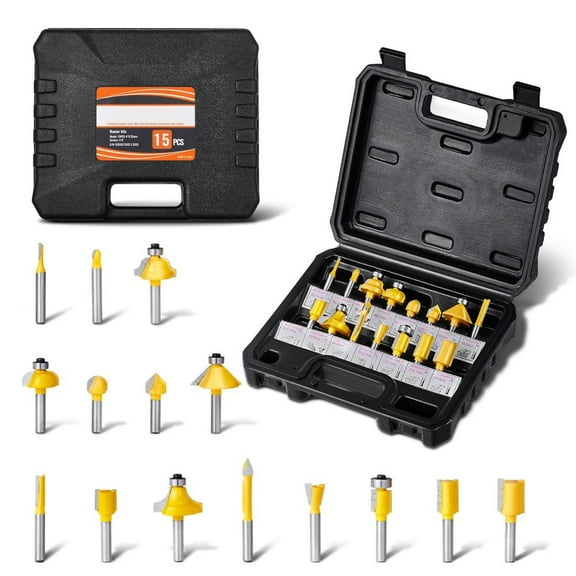 Professional grade 15-piece carbide router drill set 1/4 inch (6.35mm) handle portable toolbox, woodworking/furniture/DIY multi-scene engraving knives
