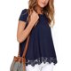 thumbnail image 4 of Sonducket Camiseta de mujer Color sólido Suelta Top básico Encaje Dobladillo hueco Manga corta Blusa de cuello Prendas para la parte del cuerpo Azul oscuro L, 4 of 6