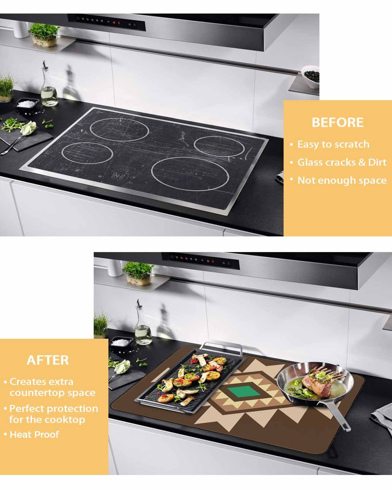 nqOlkjepod Large Induction Cooktop Protector Mat 36"x21", Brown Green Boho Stove Top Covers for Electric Stove, Vintage Southwest Abstract Geometric Stove Burner Cover Mats, Glass Top Stove Cover