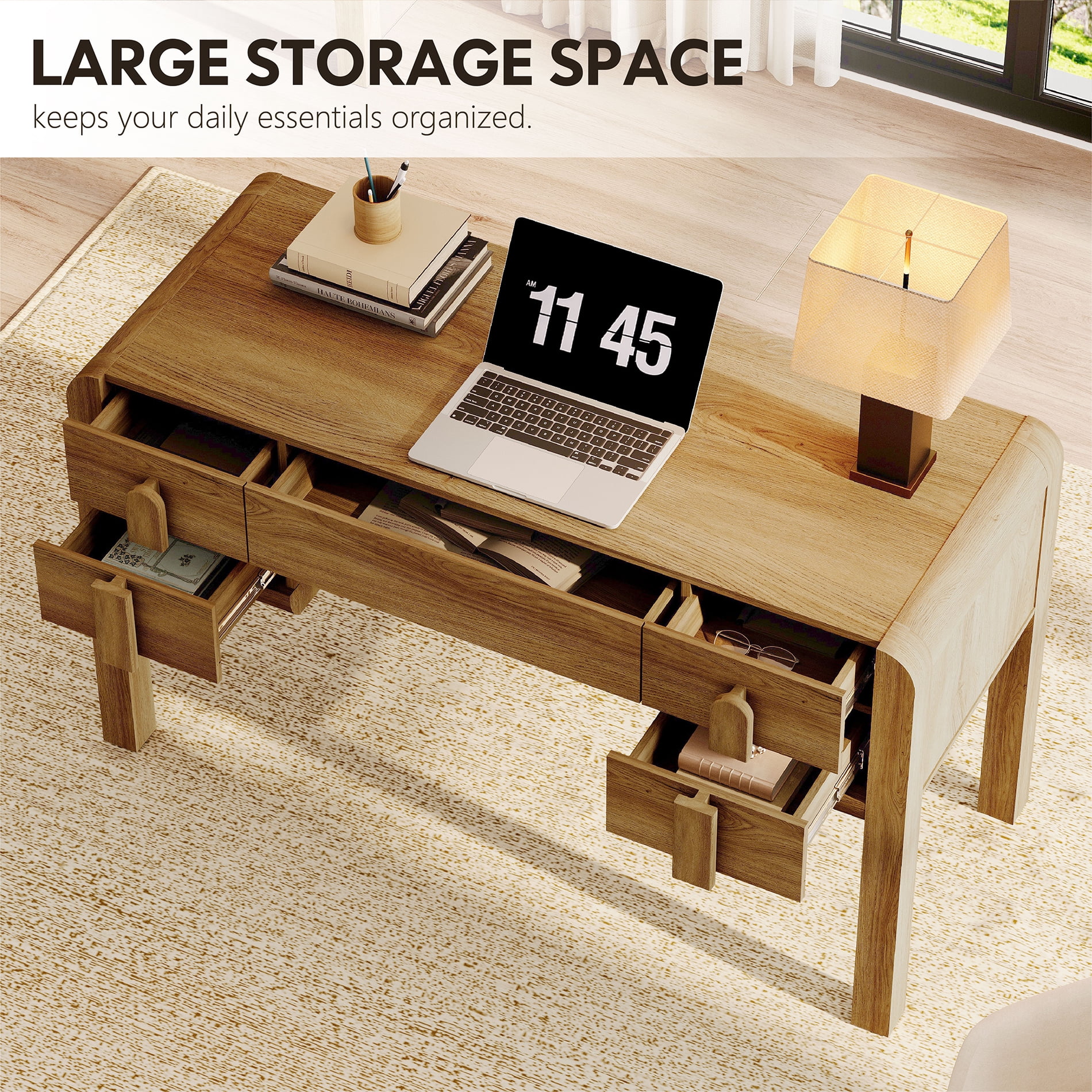 53.5"W Mid-century Modern Executive Desk with 5 Drawers , Home Office Desk With Charging Station，Wood Computer Desk With Curved Profile Design，Standing Desk For Business Furniture Set Workstation
