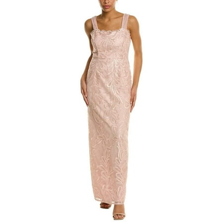 Adrianna Papell Square Neck Sleeveless Embroidered Zipper Back Sit Back Mesh Dress-BLUSH / 16
