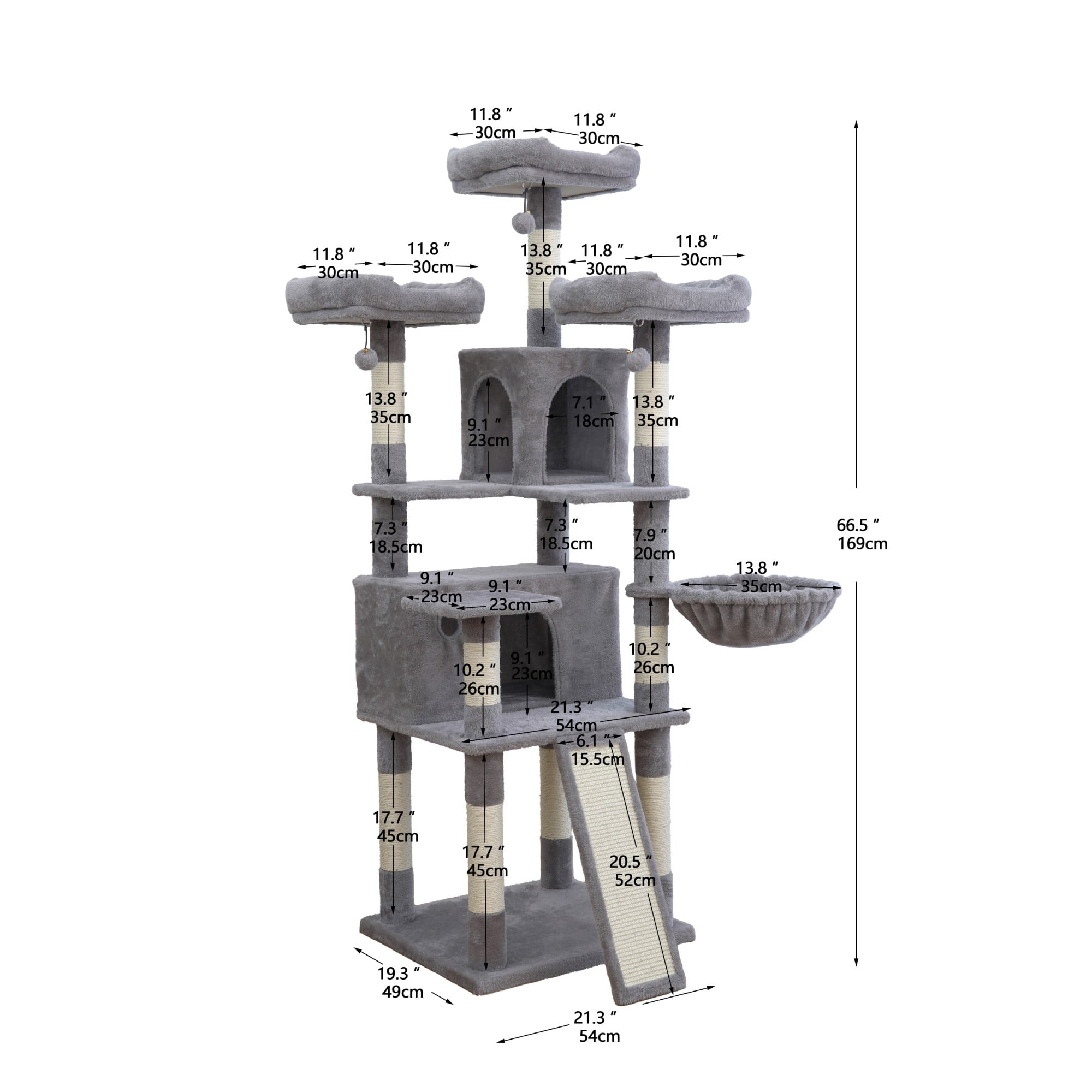Vibrant Life Heavy Duty 7-Level 67" Cat Tree with Scratch Ramp, Hammock, and Two Condos, Light Gray