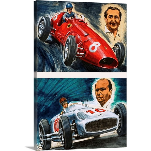 Great BIG Canvas | "Alberto Ascari driving a Maserati and Juan Manuel Fangio driving a Mercedes-Benz" Canvas Wall Art - 24x36