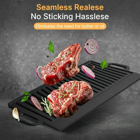 Cast Iron Reversible Griddle Grill Pan - 21.25x9.44 Inch Double Sided Stovetop Griddle with Handles for Single Burner - Ideal for Stovetop, Oven, Campfire & Outdoor Camping