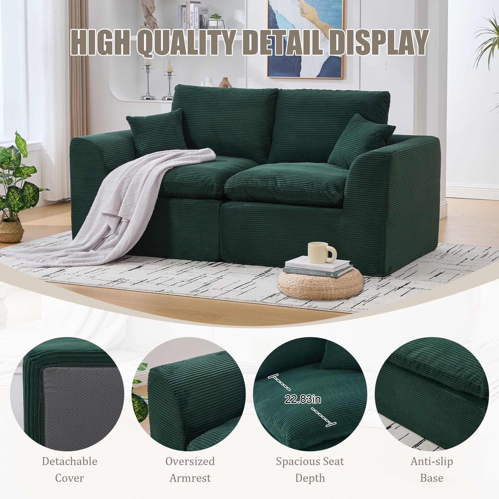 Leumius 80" Cloud Couch,Modern 2 Seater Sofa with Pillow,Upholstered Corduroy Fabric Modern Loveseat for Living Room Bedroom Apartments Dorms,No Assembly Required,Emerald