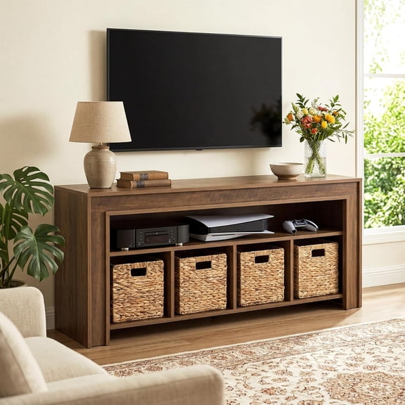 Finmind 63" TV Stand for 55-70" TVs, Farmhouse Entertainment Center with 4 Woven Baskets & Open Shelf, Wood Media Console for Living Room, Rustic Brown