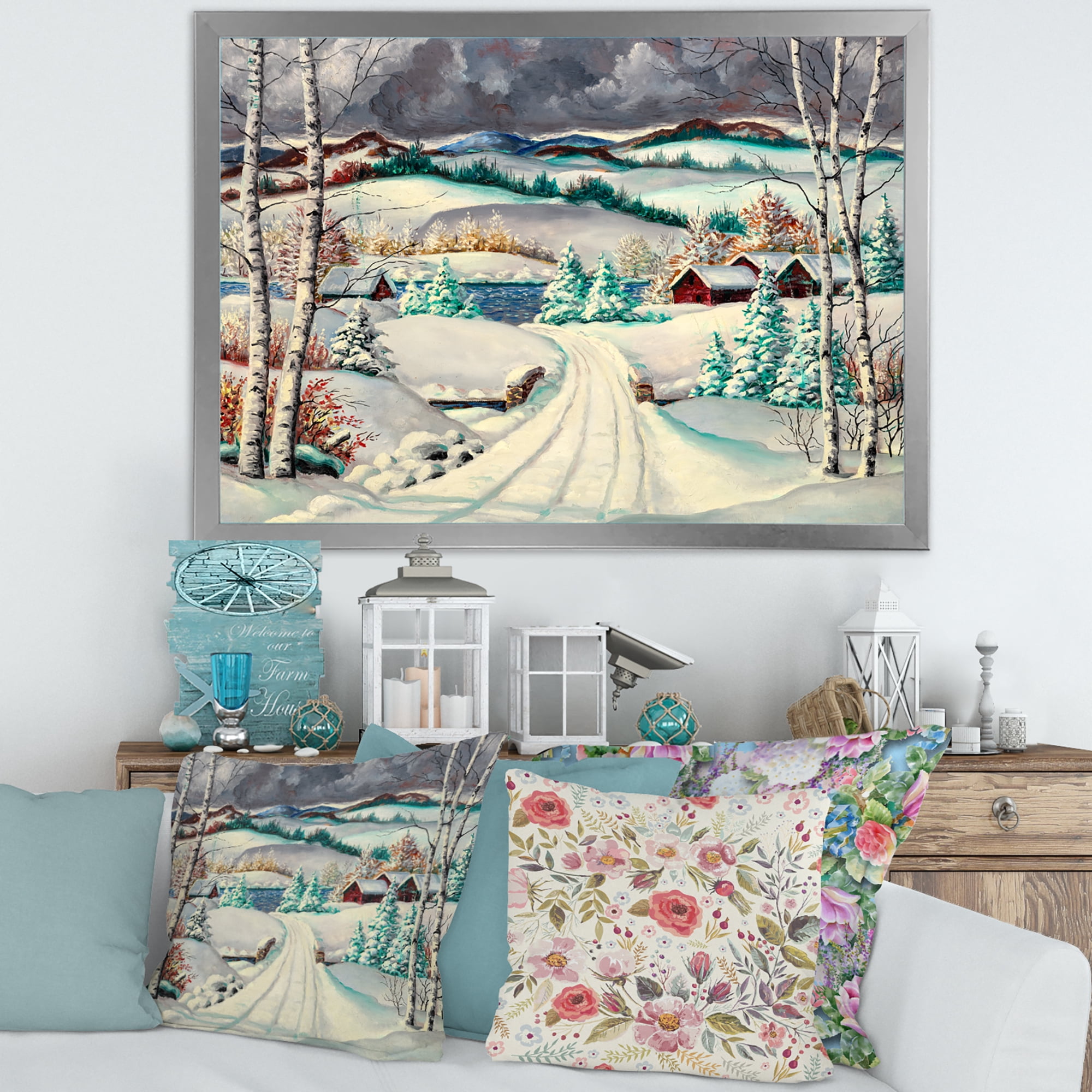Designart 'Snowy Road In Countryside Winter Landscape' Traditional Framed Art Print