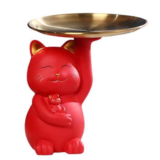 Bandeja De Almacenamiento De La Estatua Del Gato De La Suerte Estatua de gato de la suerte de resina, bandeja de almacenamiento, adornos, figuritas de gato, decoración del hogar (rojo grande)