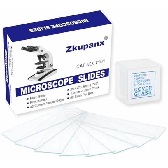 Blank Glass Microscope Slides and Covers - Ground Edges & 45° Clipped Corners, High-Clarity, Pre-Cleaned, 50 Slides & 100 Coverslips, Microscope Accessories for Experiments & Analyses