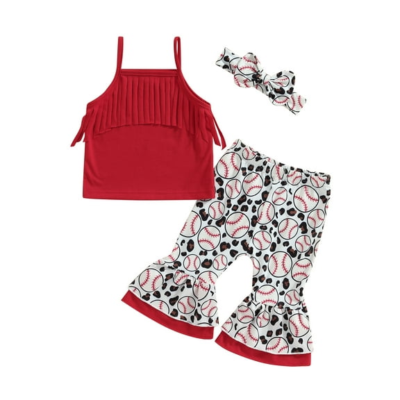 Wassery Infant Baby Girls Summer Outfit Sets 3 6 9 12 18 24 Months Newborn Girls Clothes Sleeveless Knited Tops with Baseball Print Flared Pants Headband Set 3M-24M