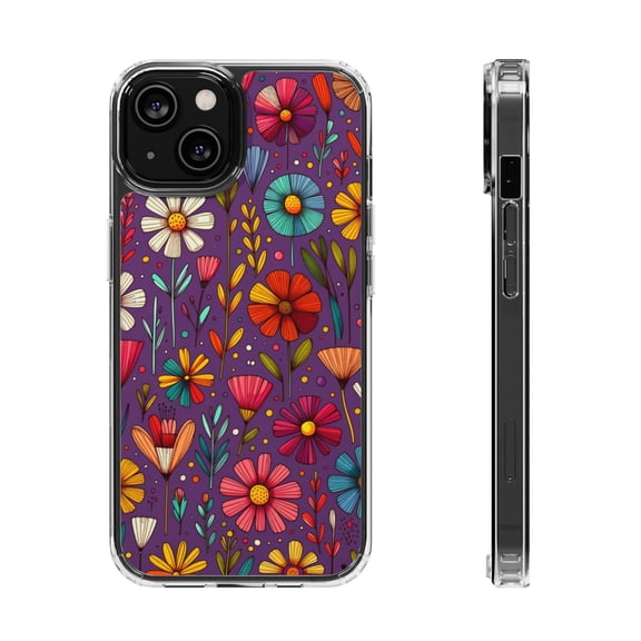 DistinctInk Hybrid (Acrylic / TPU) Clear Slim Fit Case for Apple iPhone 12 (6.1" Screen) - "Whimsical Blooms: Hand-drawn Cartoon Flowers"