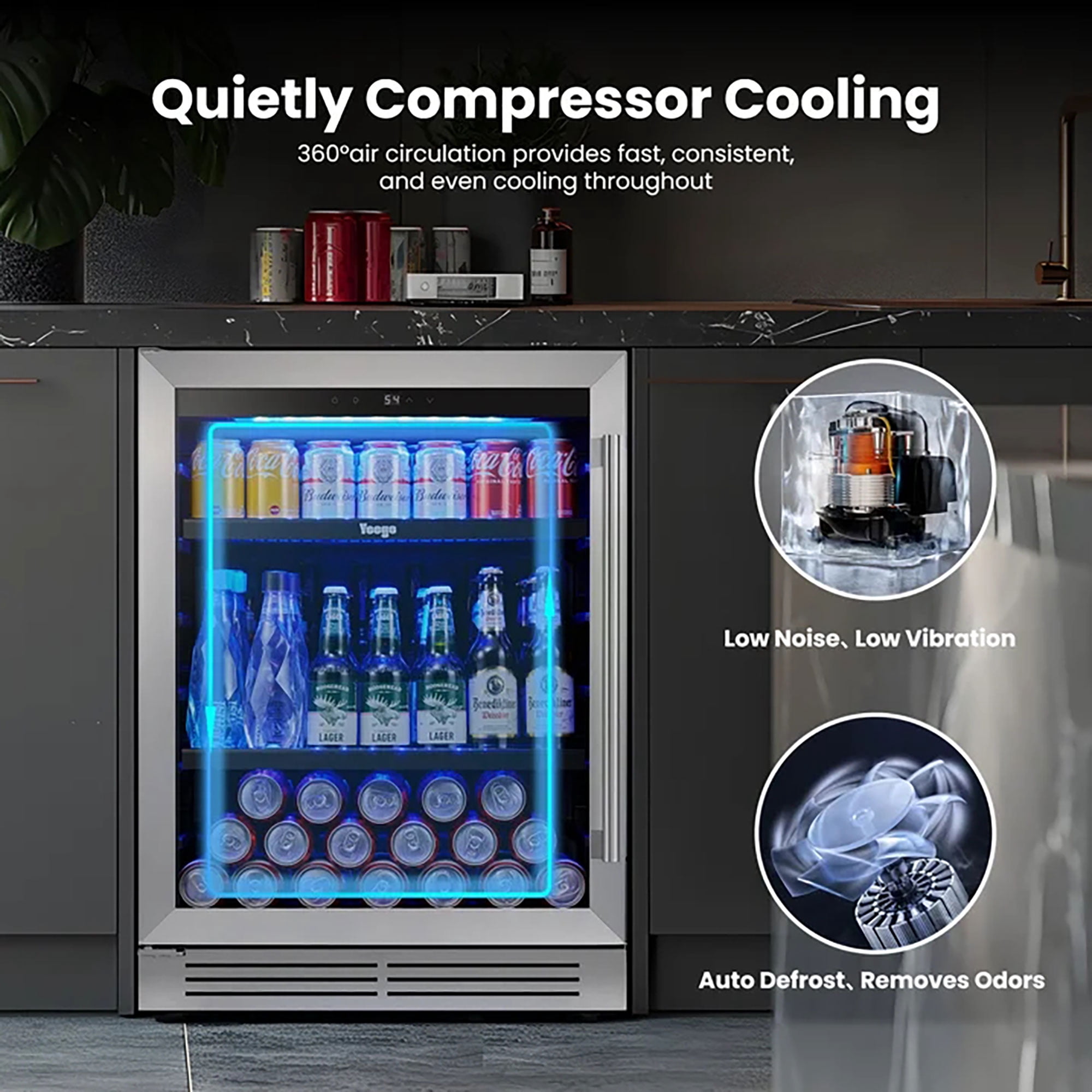 Yeego 24 Inch 180 Cans Beverage Refrigerator Cooler, Double Layer Glass Door, Built-in/Freestanding for Beer Soda Water, Left Hinge
