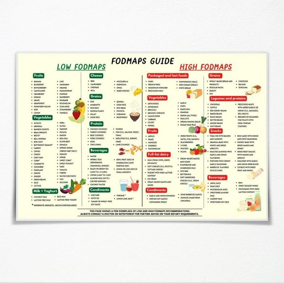 FODMAP Guide Diet Food Poster - Low FODMAP Foods List Conversion Chart Canvas Print - Nutrition Grocery List Wall Art for Kitchen