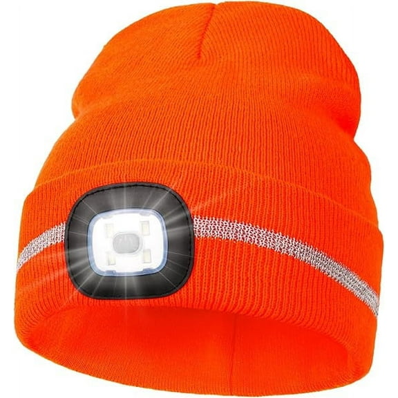 Reflective Stripe LED Beanie Safety High Visibility Winter Hat with Light for Outdoor Work Sports Gifts for Men Dad - Orange