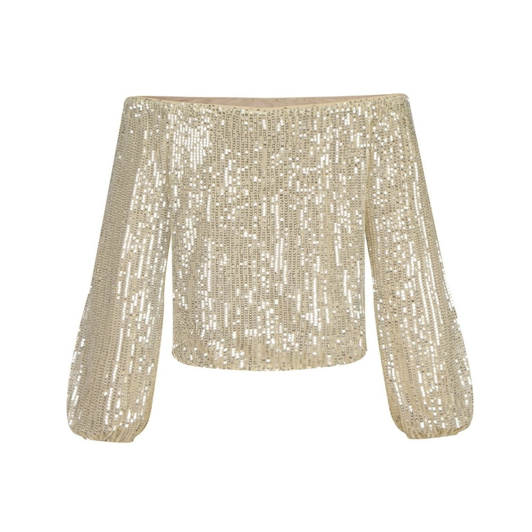 Women's Off Shoulder Sequin Tops Sparkly Glitter Long Sleeve
