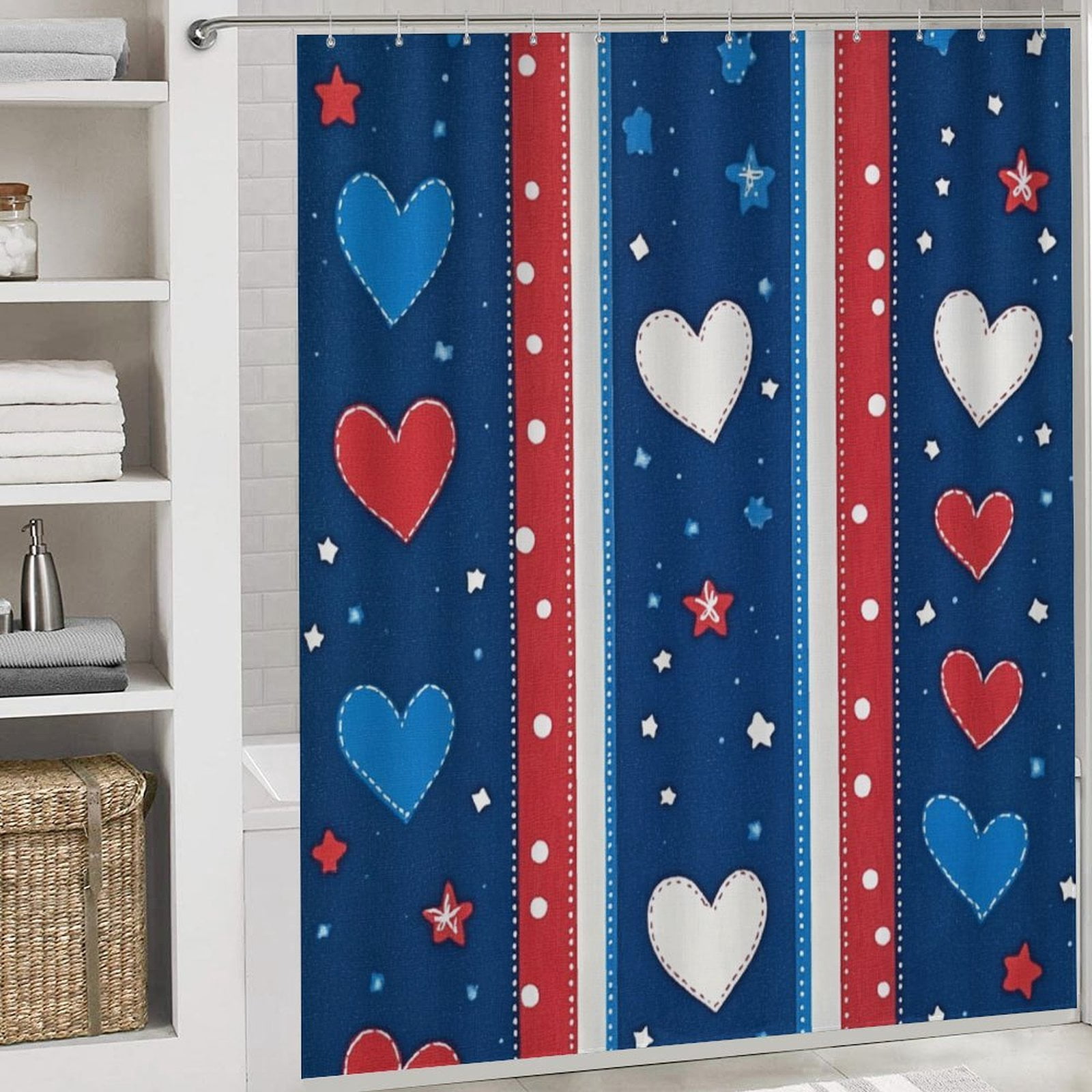 USA Hearts & Stars Shower Curtain Sets 4 Piece Bathroom Shower Curtain Set with Rugs Memorial Day Patriotic Waterproof Fabric Bath Curtain for Bathroom Decor Set