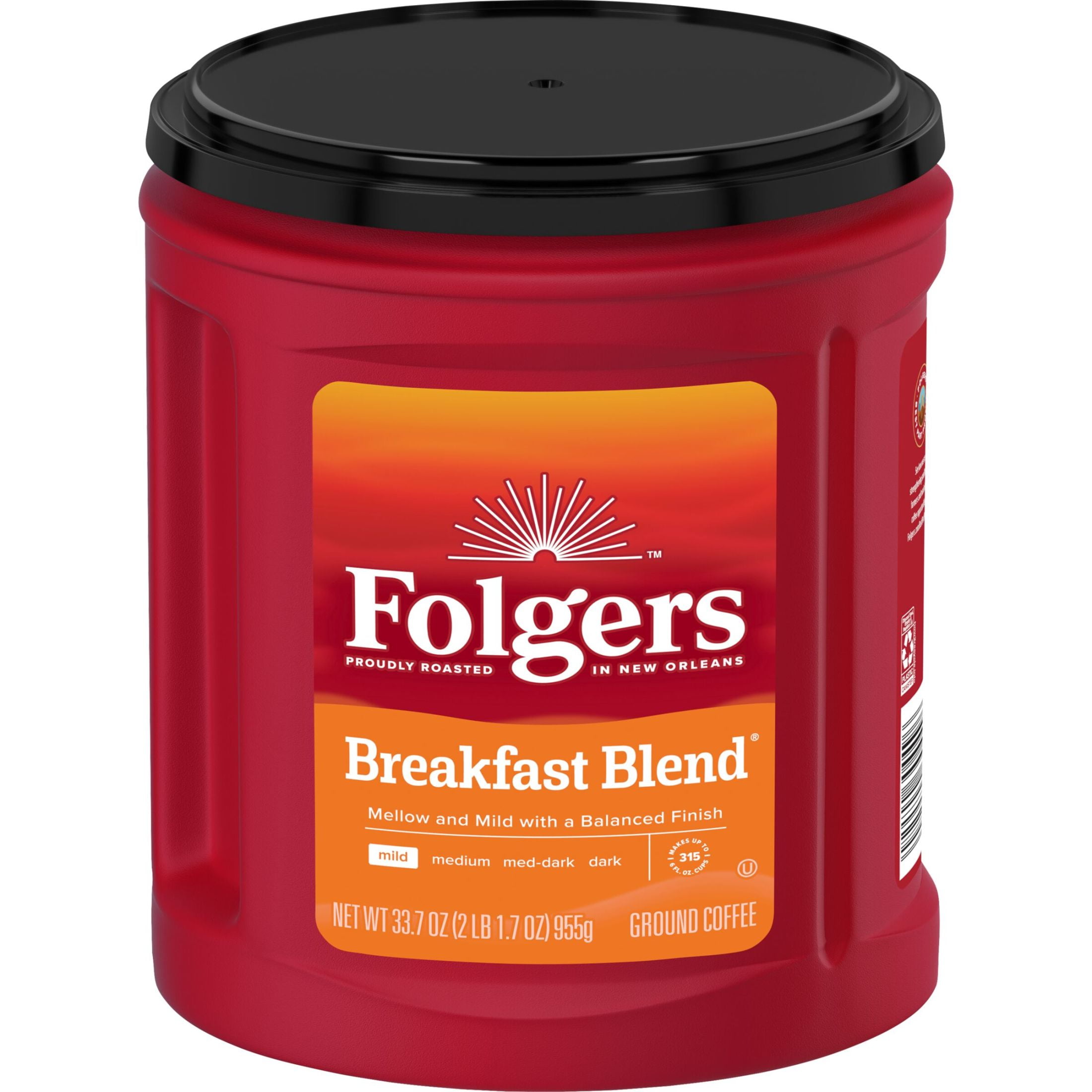 (6 pack) Folgers Breakfast Blend Ground Coffee, Smooth & Mild Coffee, 33.7 oz Canister