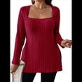 thumbnail image 2 of Camisas de Larga para Mujer, Blusas Casuales Modernas con Cuello Cuadrado, Suéteres Ligeros. Vino Tinto XXL, 2 of 7