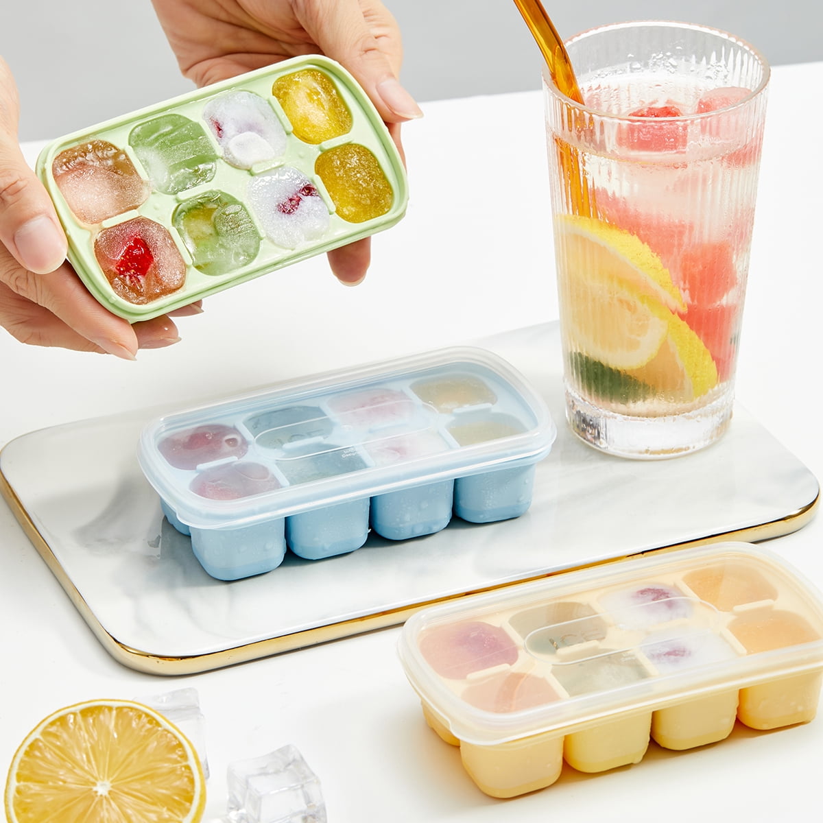8-Grid Reusable Ice Cube Tray with Lid, Silicone Ice Mold for Bar Tools, Ice Maker for Kitchen Refrigerator Storage