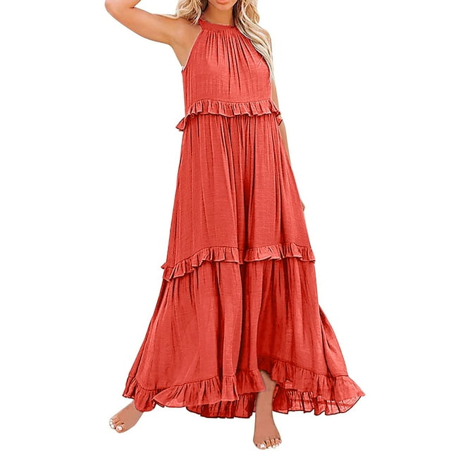 Zmoon Women's Bohemian Long Solid Color Sleeveless Halter Neck Ruffle Beach Style Dress