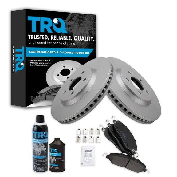 TRQ Brake Pad & Coated Rotor Front Metallic Kit w/Fluids for Ford Mustang BKA24412