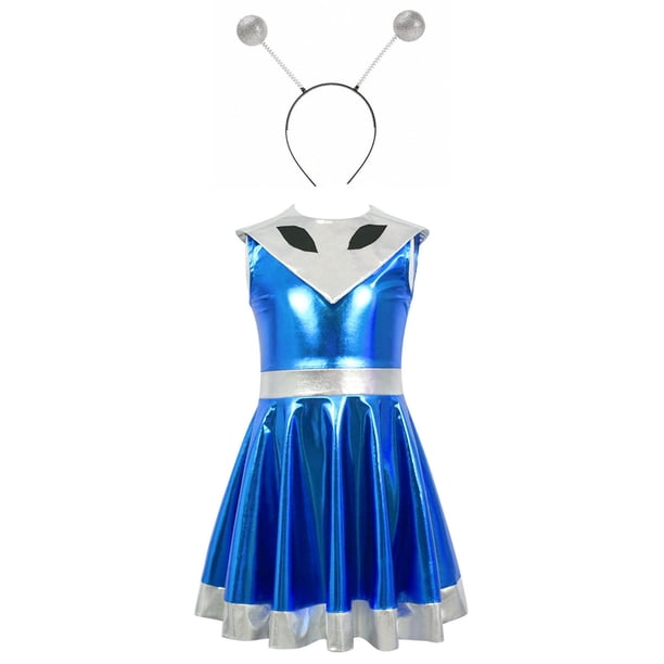 Vestido de cuello redondo y manga corta para niña, vestido de extraterrestre, vestido de chica espacial, vestido de baile metálico, diadema, vestidos de astronauta espacial, disfraz de carnaval, vesti