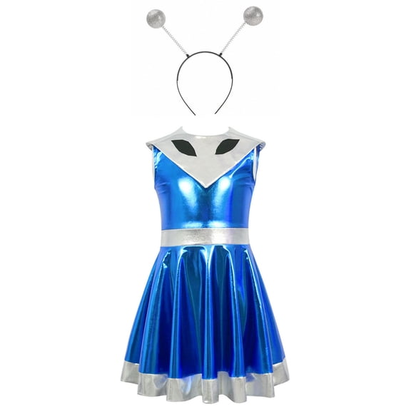 LEWKW Metallic Shiny Alien Dress for Girls Foil Pleated Skater Outfit with Headband for Spring and Themed Party