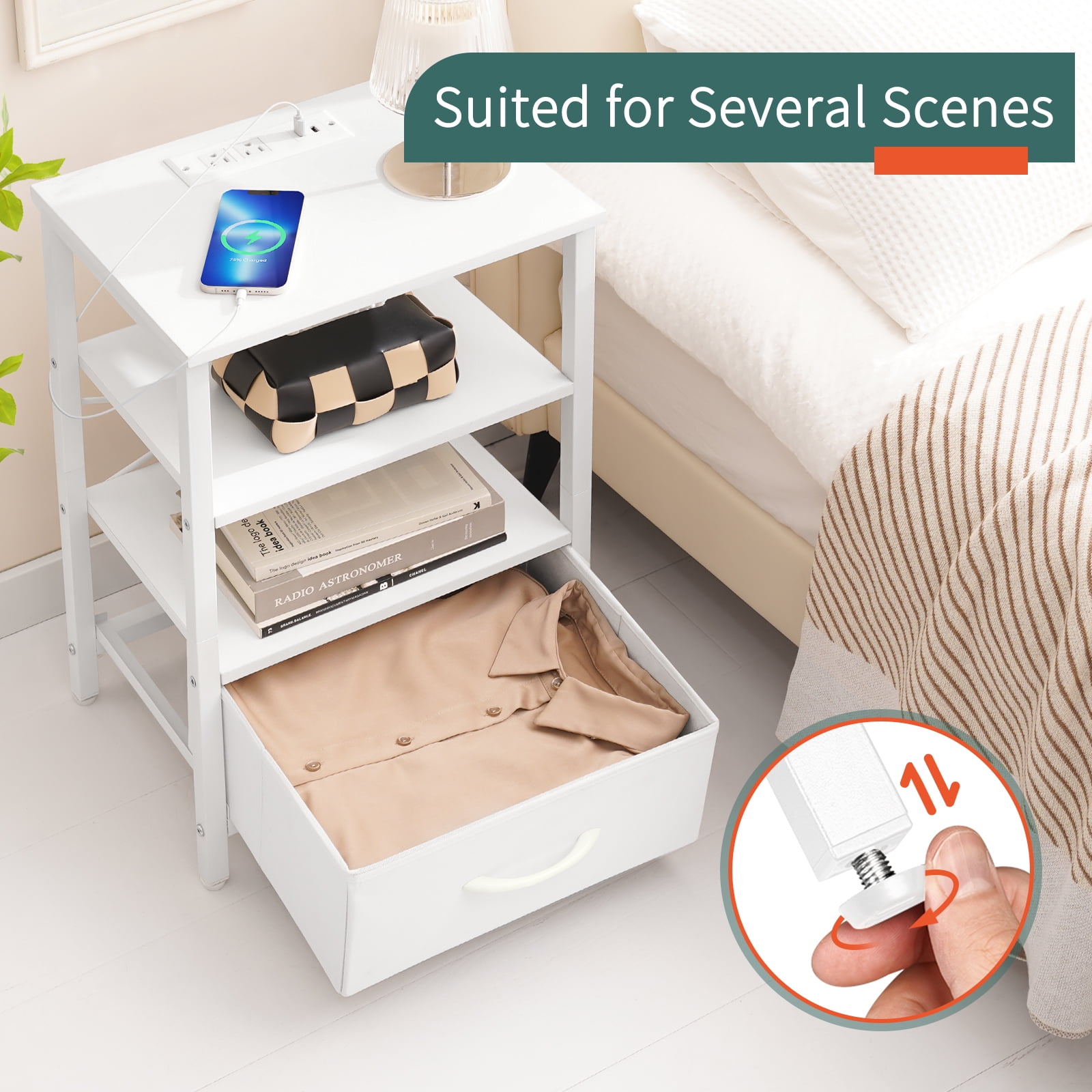 Yoobure LED Nightstand with Charging Station, End Tables with Adjustable Fabric Drawer for Bedroom Living Room,White