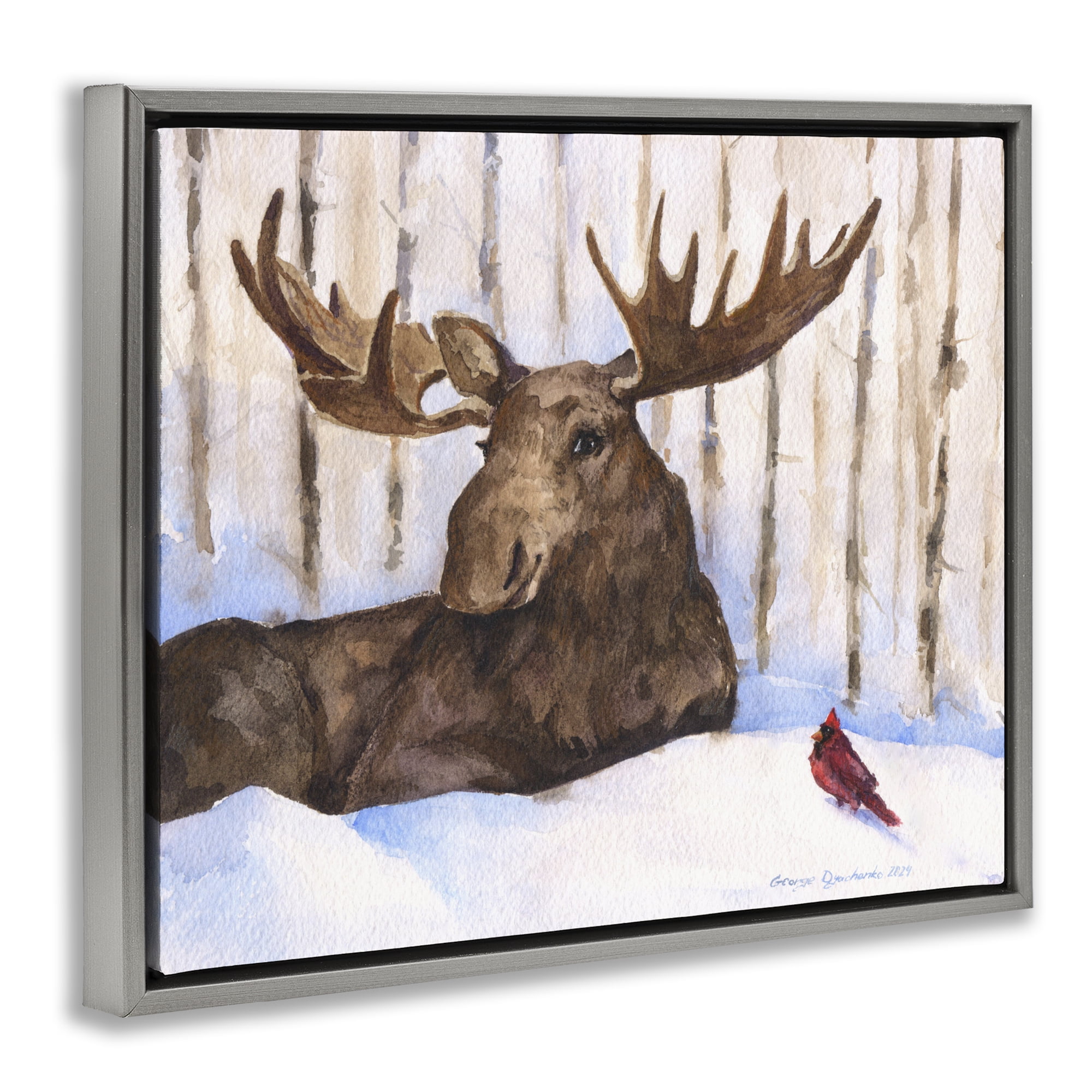 Stupell Industries Moose & Red Cardinal Gray Framed Floater Canvas Wall Art, design by George Dyachenko