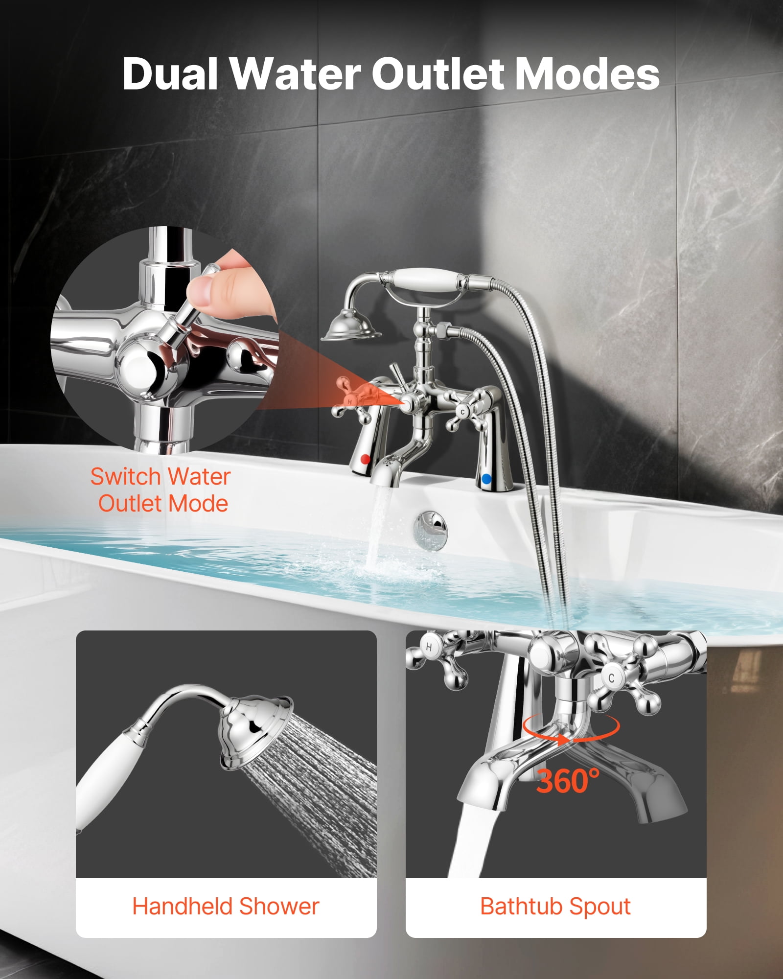 VEVOR Clawfoot Tub Faucet, Deck Mount Bathtub Faucets with Handheld Shower, Vintage Polished Chrome Clawfoot Tub Filler Faucet Shower Kit with 360° Rotation Spout & 59-inch Long Hose for Bathtubs