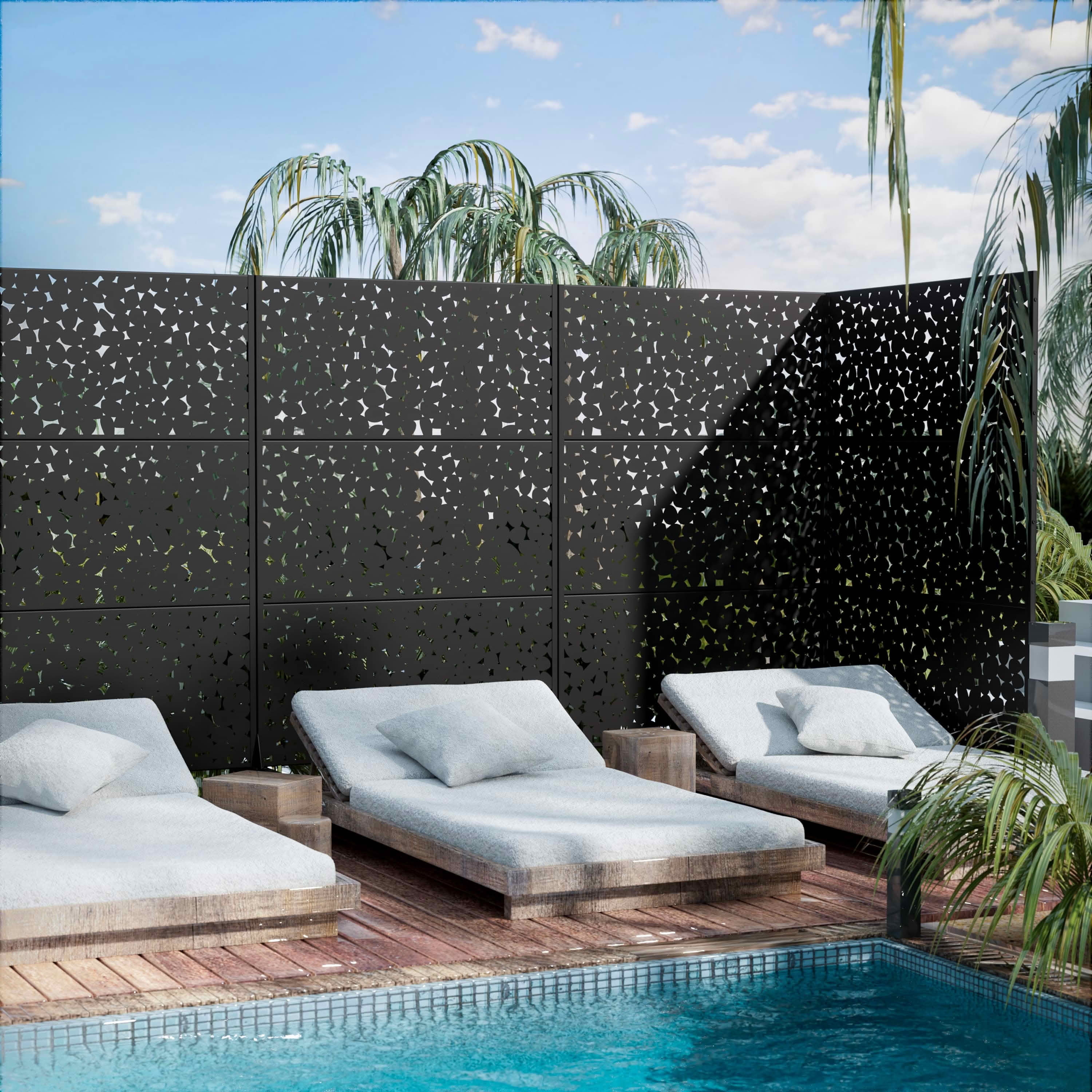 MAYEERTY 72x47x16 Inch Black Rain Stone Rectangular Galvanized Steel Privacy Screen, 3 Piece Set for Outdoor Garden