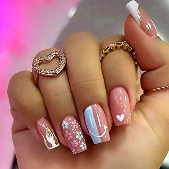 White French Tip Press on Nails Medium Square Coffin Fake Nails with Flame Daisy Heart Novel Design Glue on Nails Acrylic Nails Decorate False Nails with Glue Nude Glossy Nails For Women Girls 24Pcs