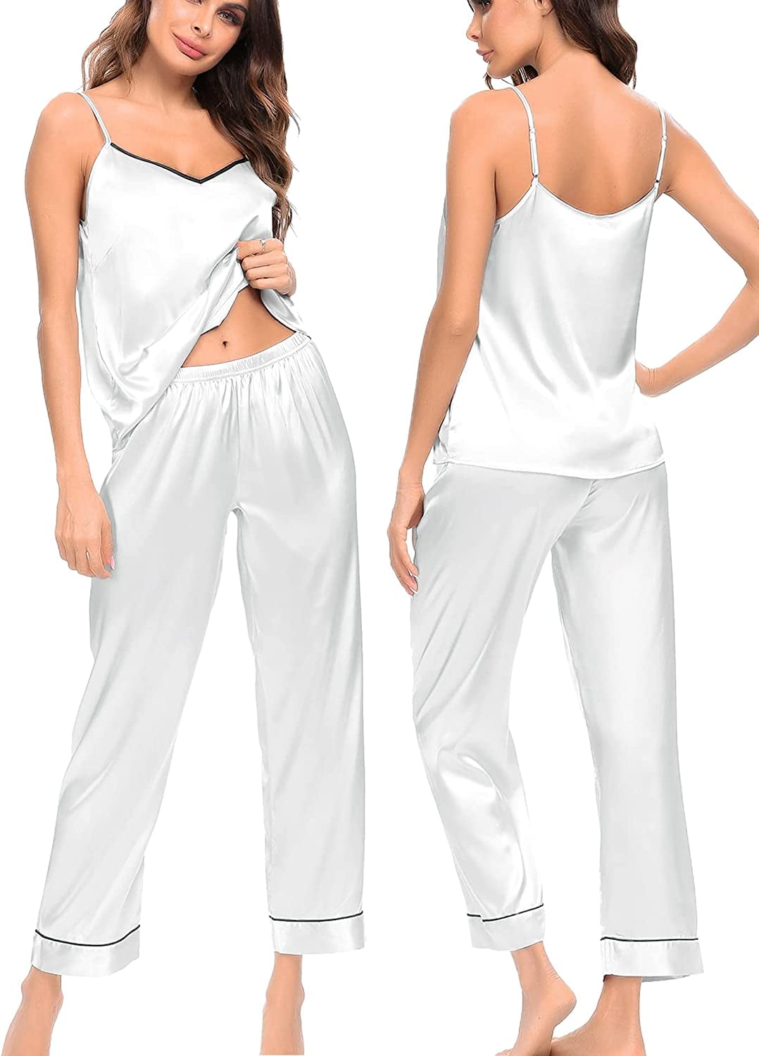 SWOMOG Womens Silk Satin Pajamas Set Two-Piece Pj Sets Cami Top and Capris  Pants Sleepwear A-black at  Women's Clothing store