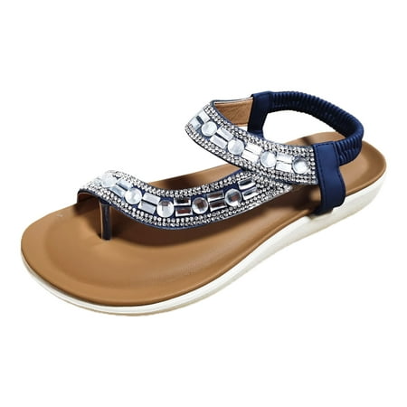 

Youmylove Women Elastic Band Rhinestone Casual Open Toe Flat Soft Bottom Breathable Shoes Sandals Summer Comfy Beach Outdoor Walking Footwear